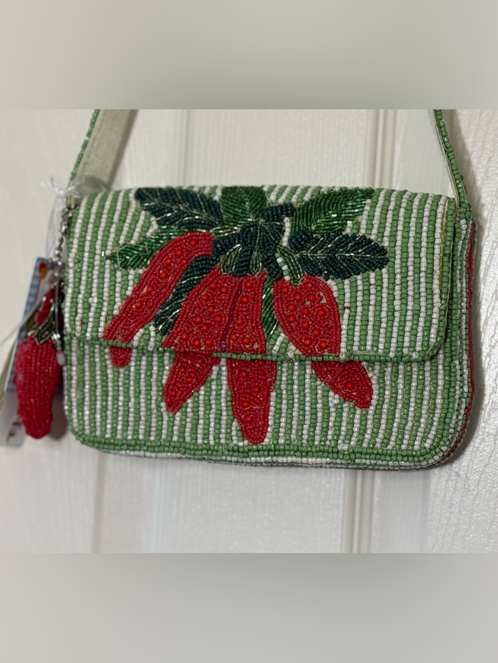 Beaded Red Chili Accent Shoulder Bag - Green & Red